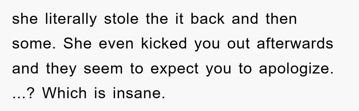 she literally stole the it back and then some. She even kicked you out afterwards and they seem to expect you to apologize. ...? Which is insane.