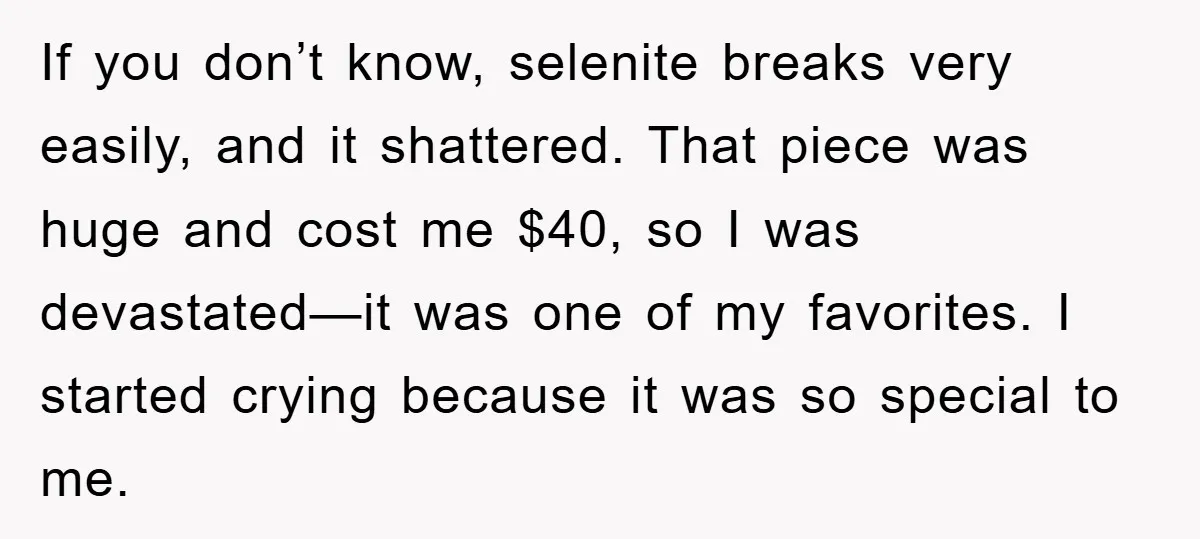 If you don’t know, selenite breaks very easily, and it shattered. That piece was huge and cost me $40, so I was devastated—it was one of my favorites. I started...