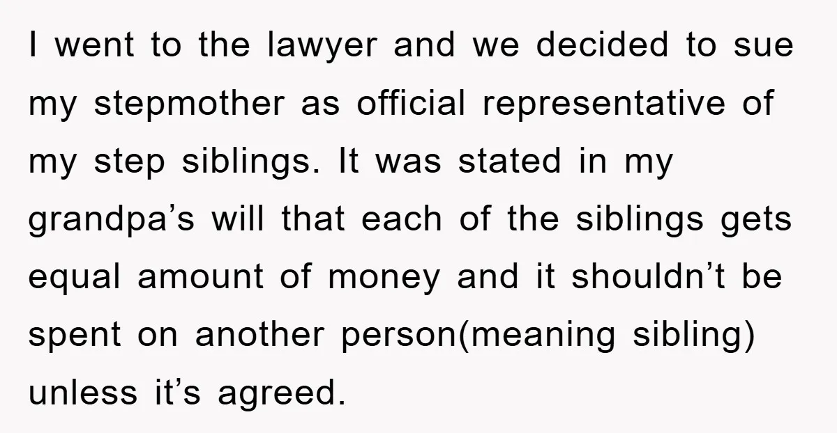 I went to the lawyer and we decided to sue my stepmother as official representative of my step siblings. It was stated in my grandpa’s will that each of the...