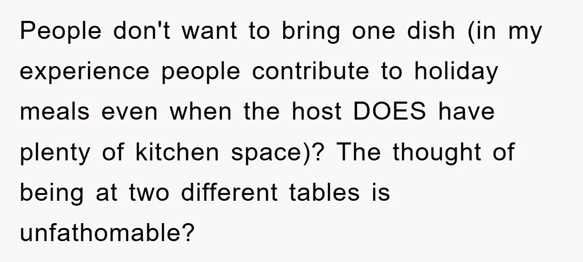 People don't want to bring one dish (in my experience people contribute to holiday meals even when the host DOES have plenty of kitchen space)? The thought of being at...