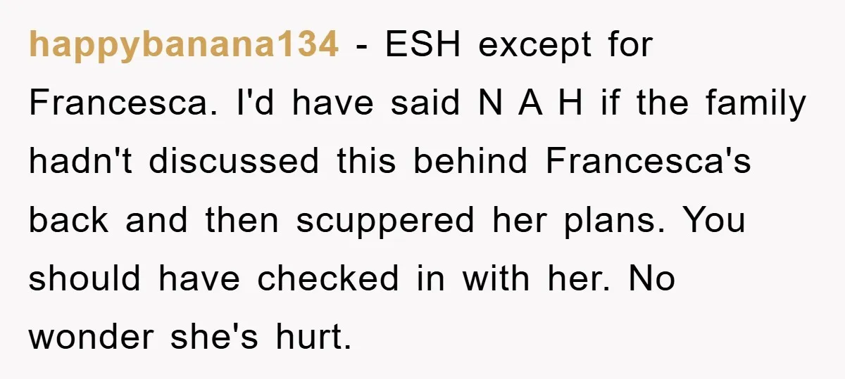 happybanana134 − ESH except for Francesca. I'd have said N A H if the family hadn't discussed this behind Francesca's back and then scuppered her plans. You should have checked...