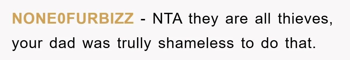 NONE0FURBIZZ − NTA they are all thieves, your dad was trully shameless to do that.