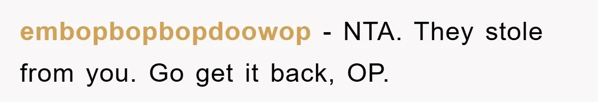 embopbopbopdoowop − NTA. They stole from you. Go get it back, OP.