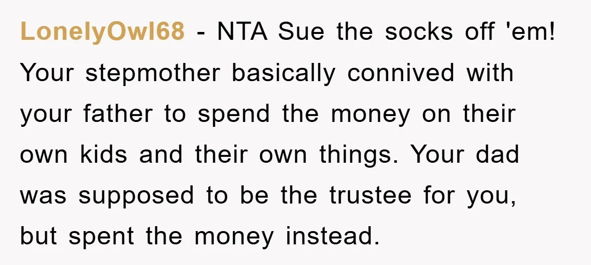 LonelyOwl68 − NTA Sue the socks off 'em! Your stepmother basically connived with your father to spend the money on their own kids and their own things. Your dad was...