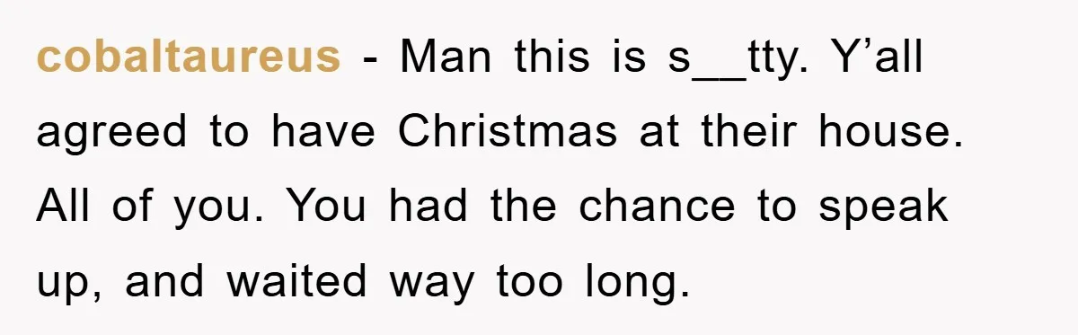 cobaltaureus − Man this is s__tty. Y’all agreed to have Christmas at their house. All of you. You had the chance to speak up, and waited way too long.