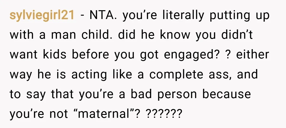 sylviegirl21 − NTA. you’re literally putting up with a man child. did he know you didn’t want kids before you got engaged? ? either way he is acting like a...