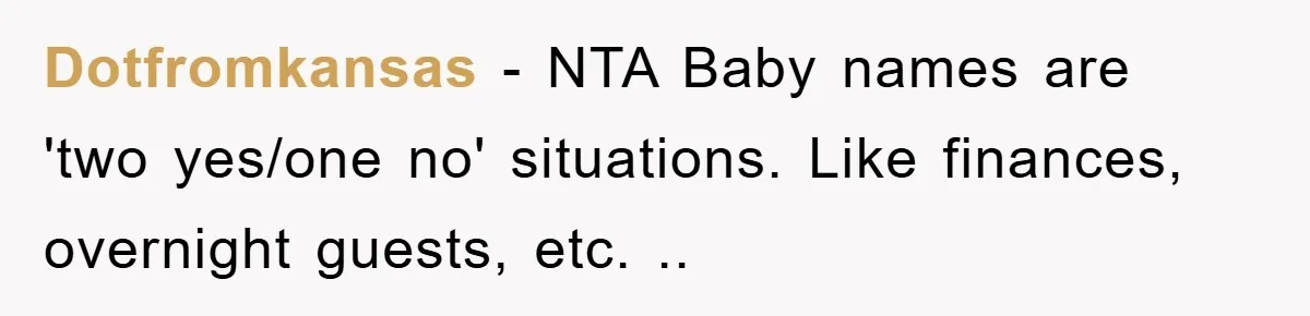Dotfromkansas − NTA Baby names are 'two yes/one no' situations. Like finances, overnight guests, etc. ..