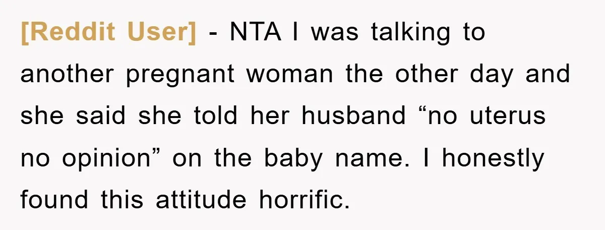[Reddit User] − NTA I was talking to another pregnant woman the other day and she said she told her husband “no uterus no opinion” on the baby name. I...
