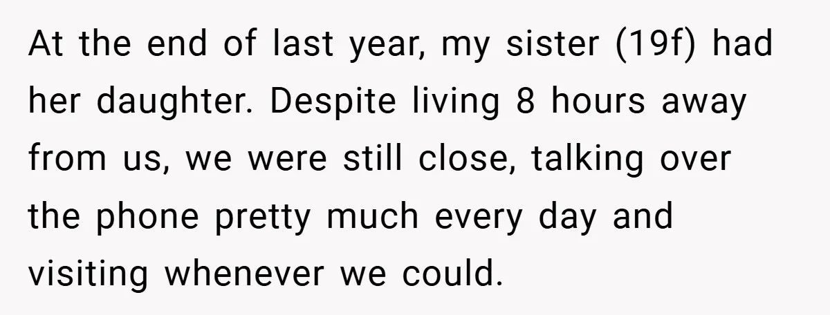 At the end of last year, my sister (19f) had her daughter. Despite living 8 hours away from us, we were still close, talking over the phone pretty much every...