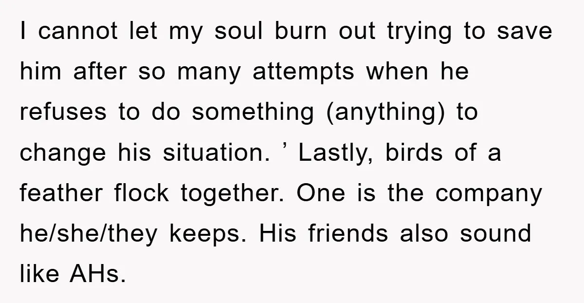 I cannot let my soul burn out trying to save him after so many attempts when he refuses to do something (anything) to change his situation. ’ Lastly, birds of...
