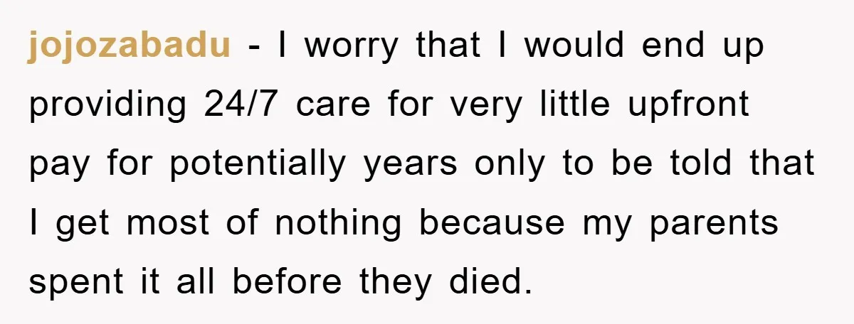 jojozabadu − I worry that I would end up providing 24/7 care for very little upfront pay for potentially years only to be told that I get most of nothing...