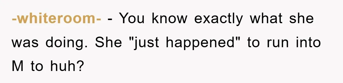 -whiteroom- − You know exactly what she was doing. She "just happened" to run into M to huh?