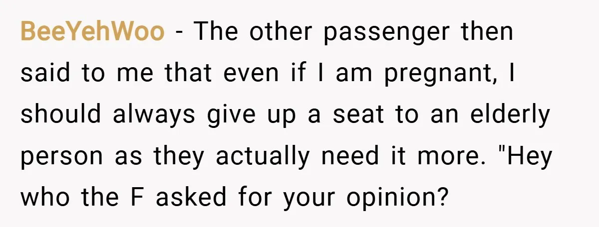 BeeYehWoo − The other passenger then said to me that even if I am pregnant, I should always give up a seat to an elderly person as they actually need...