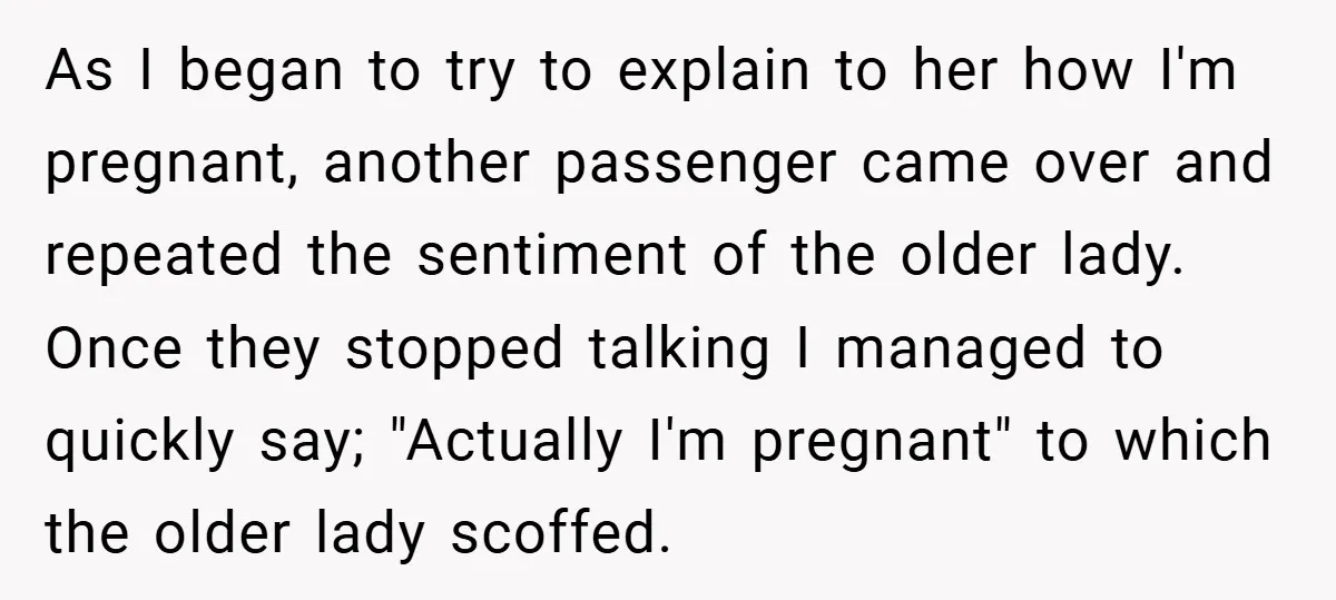 As I began to try to explain to her how I'm pregnant, another passenger came over and repeated the sentiment of the older lady. Once they stopped talking I managed...