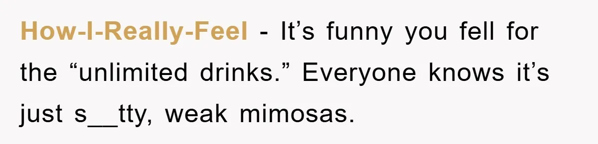 How-I-Really-Feel - It’s funny you fell for the “unlimited drinks.” Everyone knows it’s just s__tty, weak mimosas.