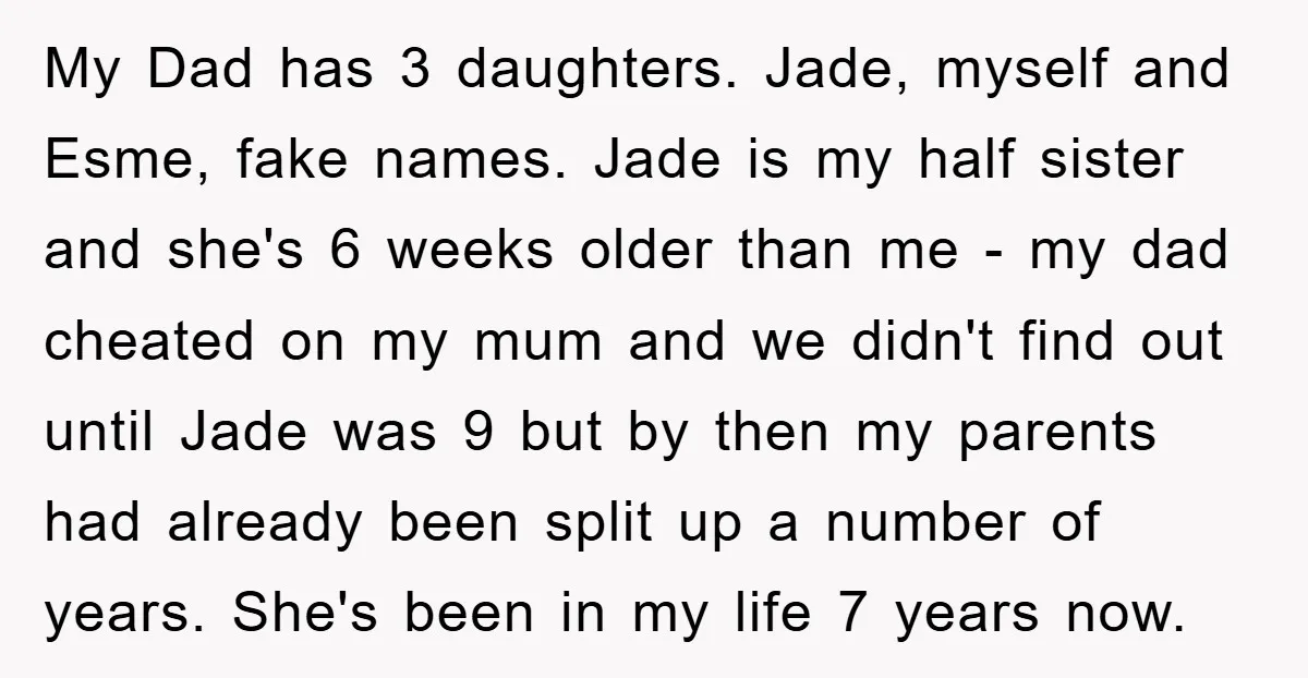 My Dad has 3 daughters. Jade, myself and Esme, fake names. Jade is my half sister and she's 6 weeks older than me - my dad cheated on my mum...