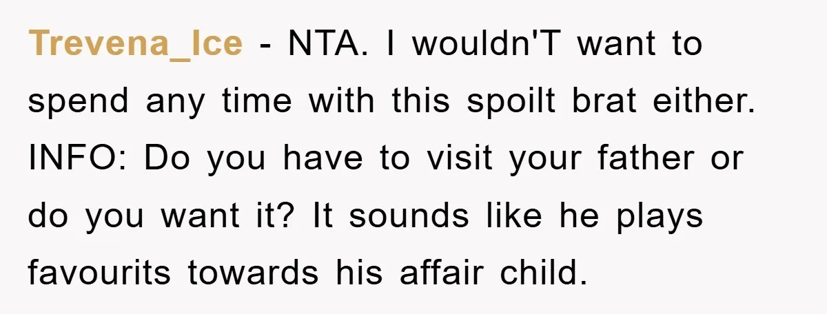 Trevena_Ice − NTA. I wouldn'T want to spend any time with this spoilt brat either. INFO: Do you have to visit your father or do you want it? It sounds...