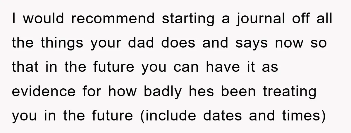 I would recommend starting a journal off all the things your dad does and says now so that in the future you can have it as evidence for how badly...
