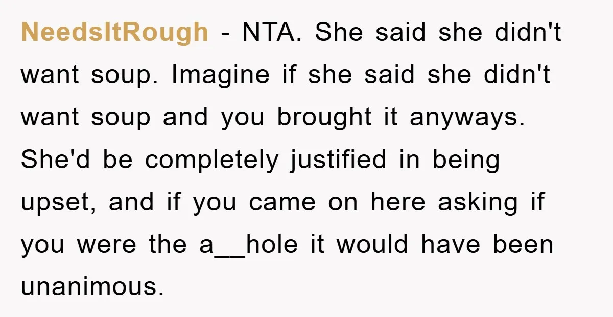 NeedsItRough − NTA. She said she didn't want soup. Imagine if she said she didn't want soup and you brought it anyways. She'd be completely justified in being upset, and...