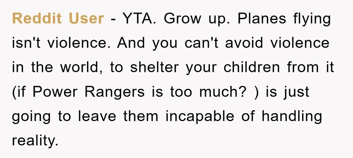 Reddit User - YTA. Grow up. Planes flying isn't violence. And you can't avoid violence in the world, to shelter your children from it (if Power Rangers is too much?...