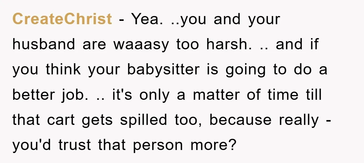 CreateChrist - Yea. ..you and your husband are waaasy too harsh. .. and if you think your babysitter is going to do a better job. .. it's only a matter...