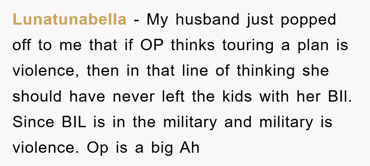 Lunatunabella - My husband just popped off to me that if OP thinks touring a plan is violence, then in that line of thinking she should have never left the...