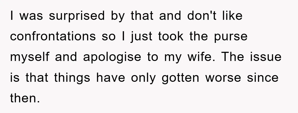 I was surprised by that and don't like confrontations so I just took the purse myself and apologise to my wife. The issue is that things have only gotten worse...