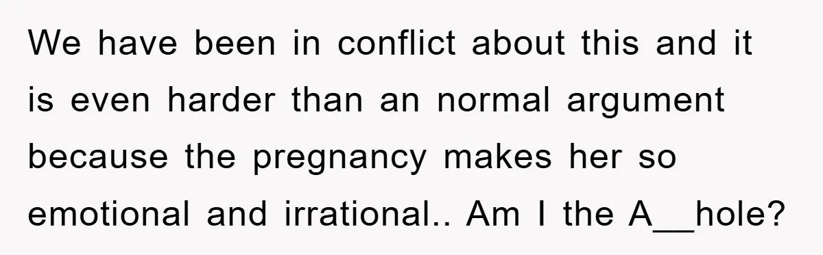 We have been in conflict about this and it is even harder than an normal argument because the pregnancy makes her so emotional and irrational.. Am I the A__hole?