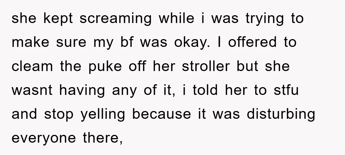 she kept screaming while i was trying to make sure my bf was okay. I offered to cleam the puke off her stroller but she wasnt having any of it,...