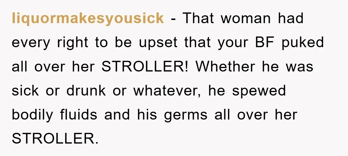 liquormakesyousick − That woman had every right to be upset that your BF puked all over her STROLLER! Whether he was sick or drunk or whatever, he spewed bodily fluids...