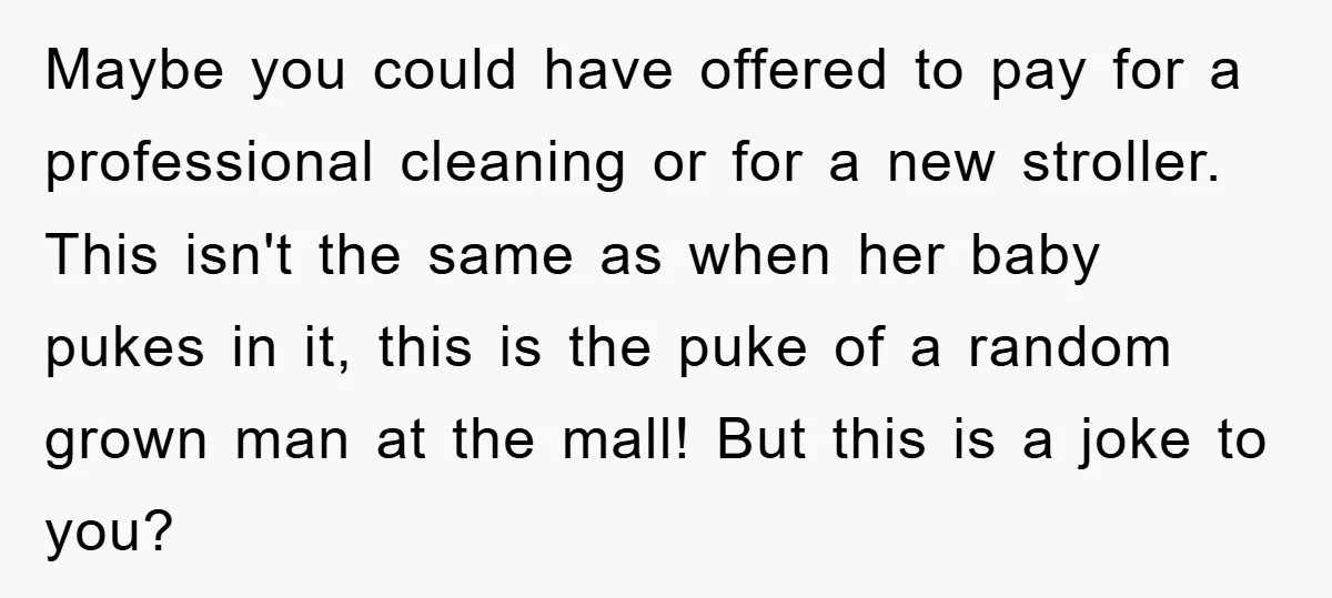 Maybe you could have offered to pay for a professional cleaning or for a new stroller. This isn't the same as when her baby pukes in it, this is the...