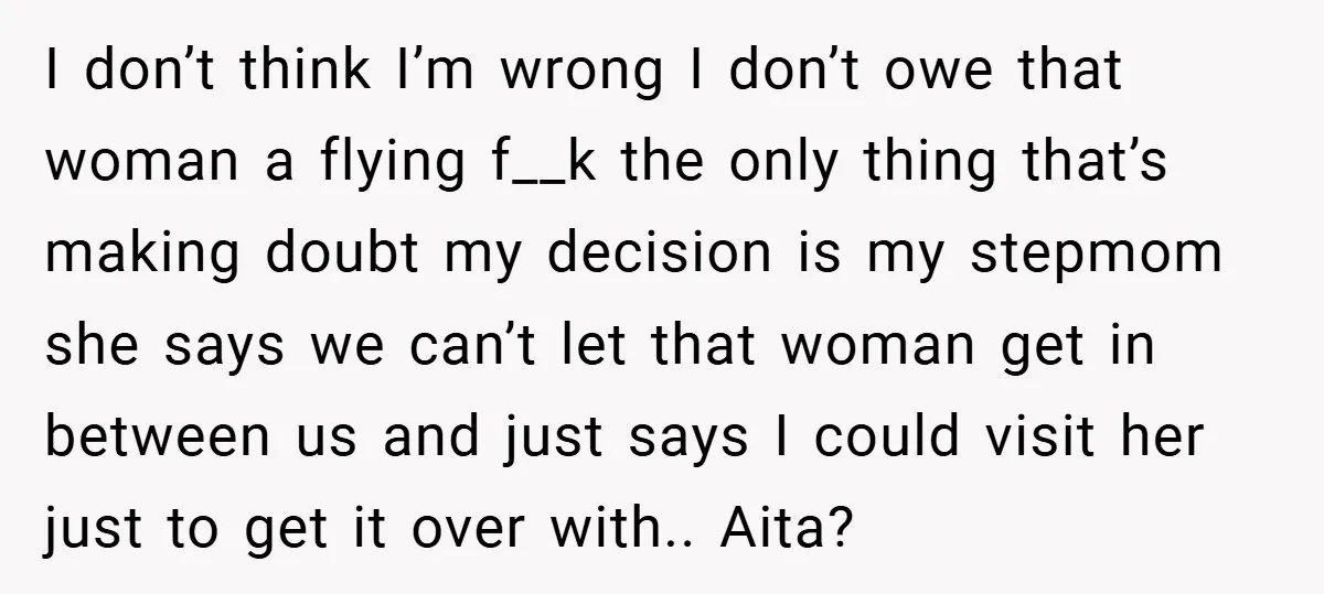 I don’t think I’m wrong I don’t owe that woman a flying f__k the only thing that’s making doubt my decision is my stepmom she says we can’t let that...