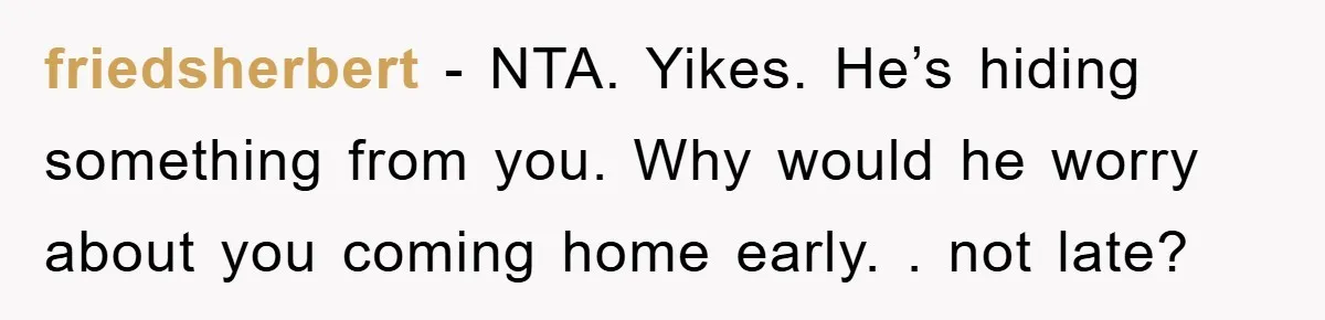 friedsherbert − NTA. Yikes. He’s hiding something from you. Why would he worry about you coming home early. . not late?