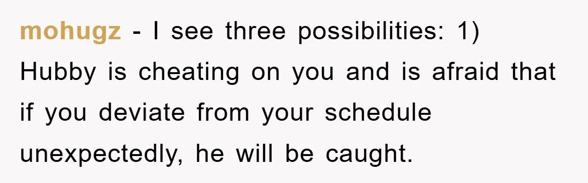 mohugz − I see three possibilities: 1) Hubby is cheating on you and is afraid that if you deviate from your schedule unexpectedly, he will be caught.