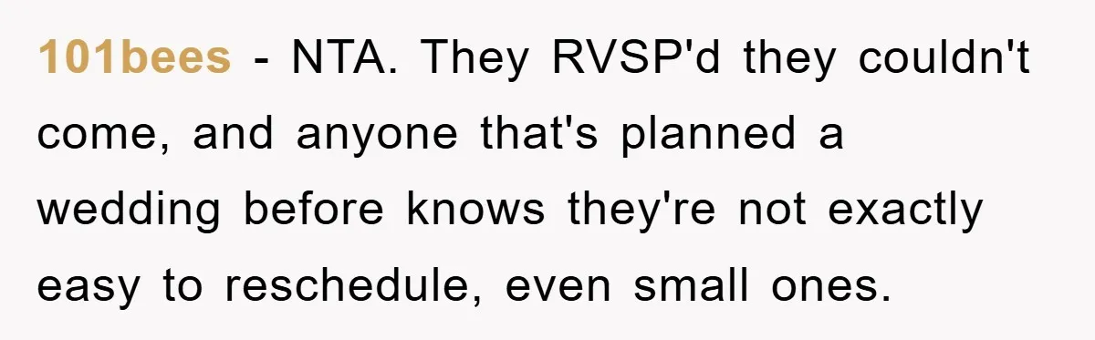 101bees - NTA. They RVSP'd they couldn't come, and anyone that's planned a wedding before knows they're not exactly easy to reschedule, even small ones.