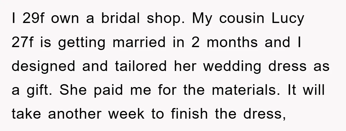I 29f own a bridal shop. My cousin Lucy 27f is getting married in 2 months and I designed and tailored her wedding dress as a gift. She paid me...