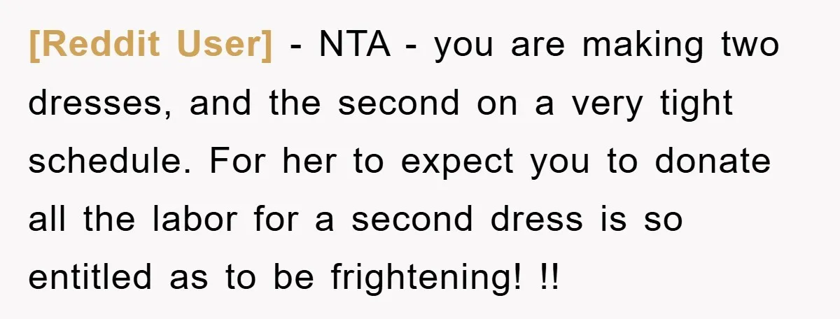 [Reddit User] − NTA - you are making two dresses, and the second on a very tight schedule. For her to expect you to donate all the labor for a...
