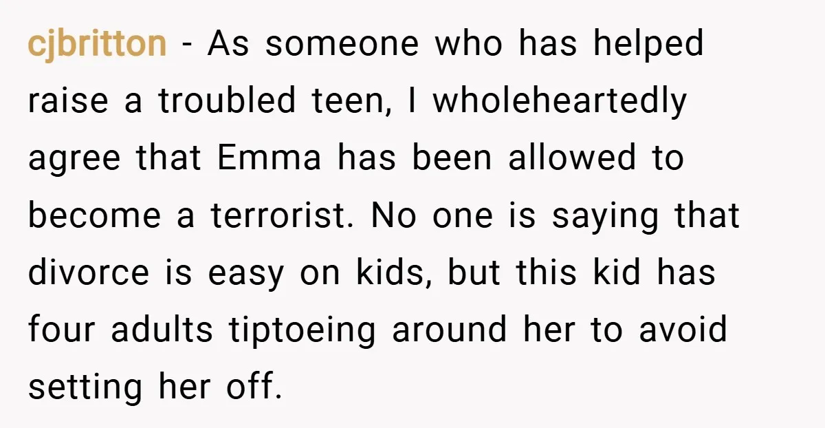 cjbritton − As someone who has helped raise a troubled teen, I wholeheartedly agree that Emma has been allowed to become a terrorist. No one is saying that divorce is...