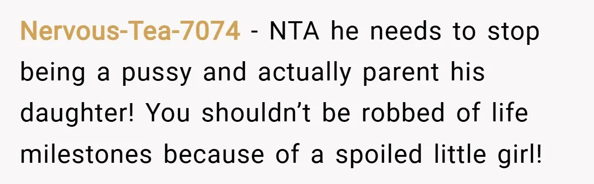 Nervous-Tea-7074 − NTA he needs to stop being a pussy and actually parent his daughter! You shouldn’t be robbed of life milestones because of a spoiled little girl!