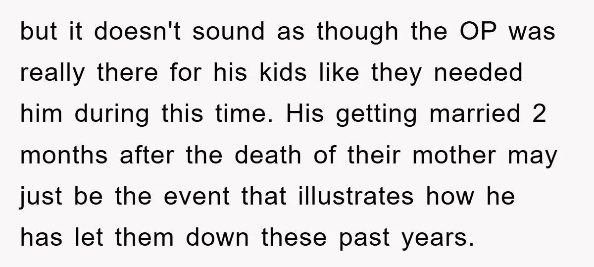 but it doesn't sound as though the OP was really there for his kids like they needed him during this time. His getting married 2 months after the death of...