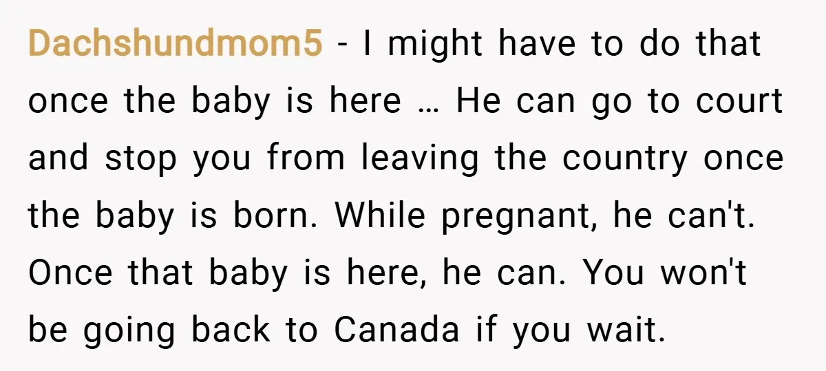 Dachshundmom5 − I might have to do that once the baby is here … He can go to court and stop you from leaving the country once the baby is...