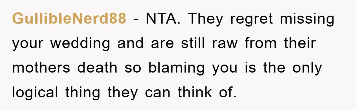 GullibleNerd88 - NTA. They regret missing your wedding and are still raw from their mothers death so blaming you is the only logical thing they can think of.