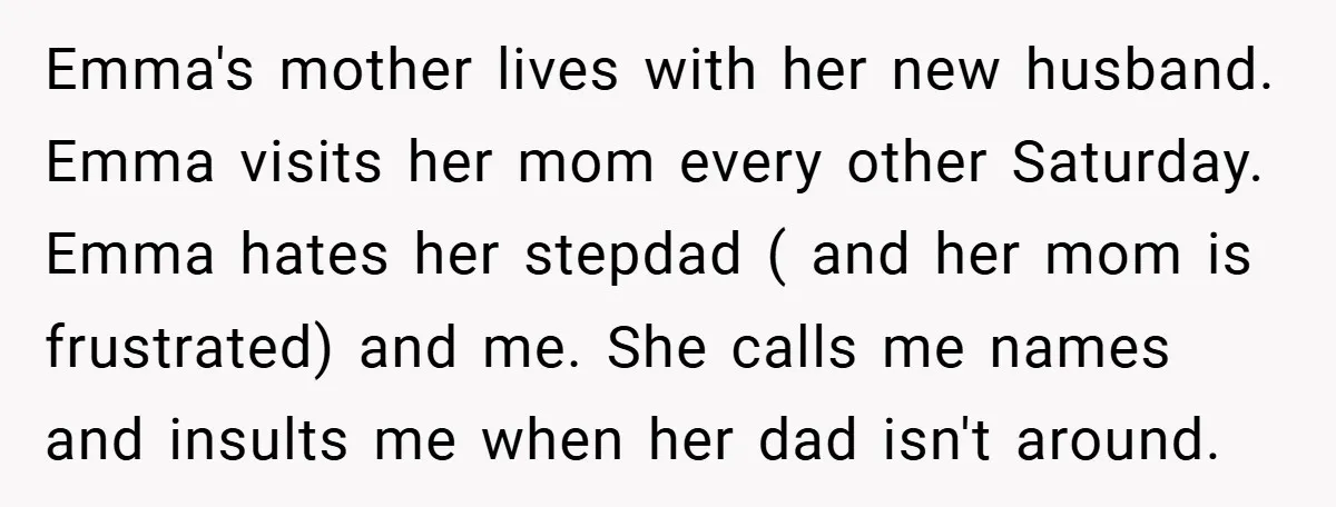Emma's mother lives with her new husband. Emma visits her mom every other Saturday. Emma hates her stepdad ( and her mom is frustrated) and me. She calls me names...