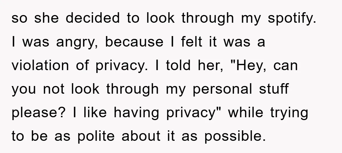 so she decided to look through my spotify. I was angry, because I felt it was a violation of privacy. I told her, "Hey, can you not look through my...