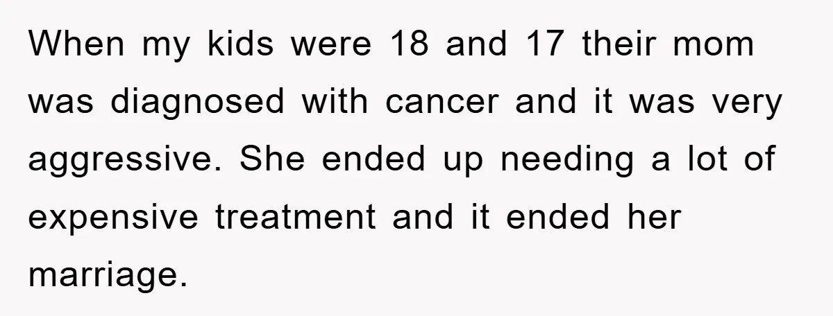 When my kids were 18 and 17 their mom was diagnosed with cancer and it was very aggressive. She ended up needing a lot of expensive treatment and it ended...
