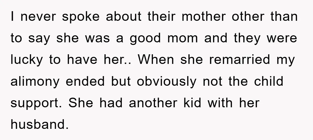 I never spoke about their mother other than to say she was a good mom and they were lucky to have her.. When she remarried my alimony ended but obviously...