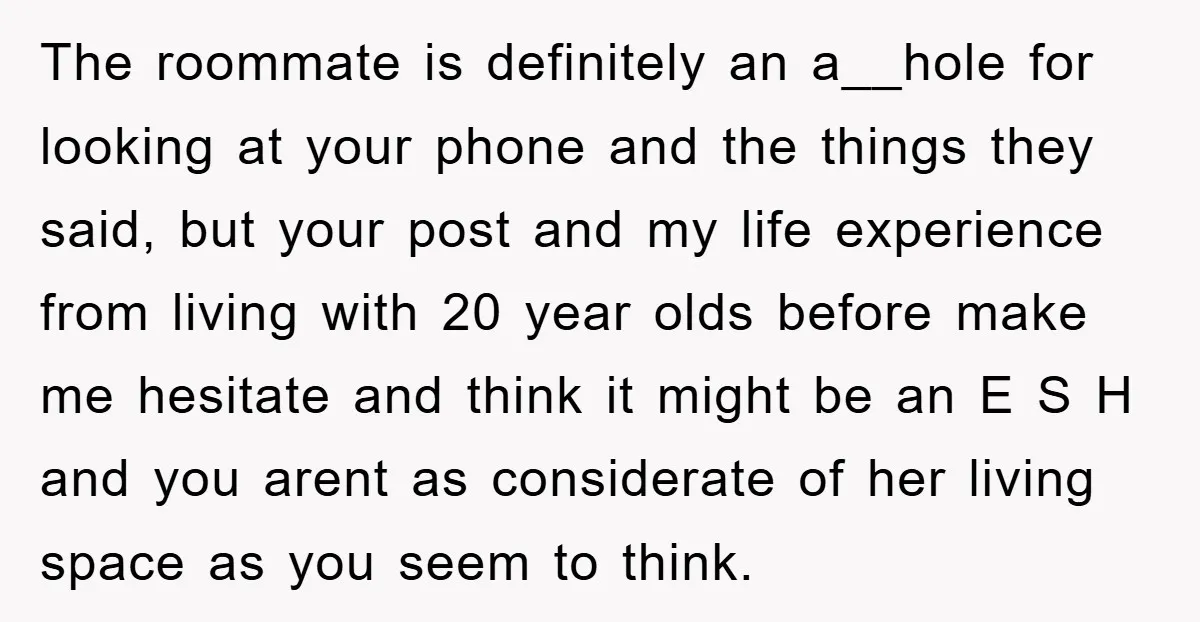 The roommate is definitely an a__hole for looking at your phone and the things they said, but your post and my life experience from living with 20 year olds before...