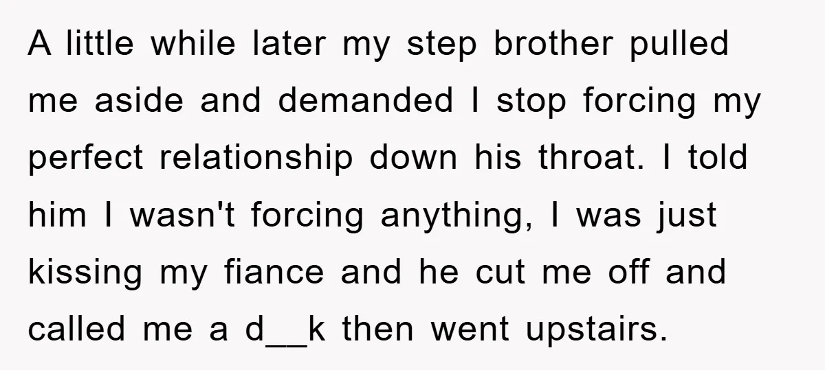 A little while later my step brother pulled me aside and demanded I stop forcing my perfect relationship down his throat. I told him I wasn't forcing anything, I was...