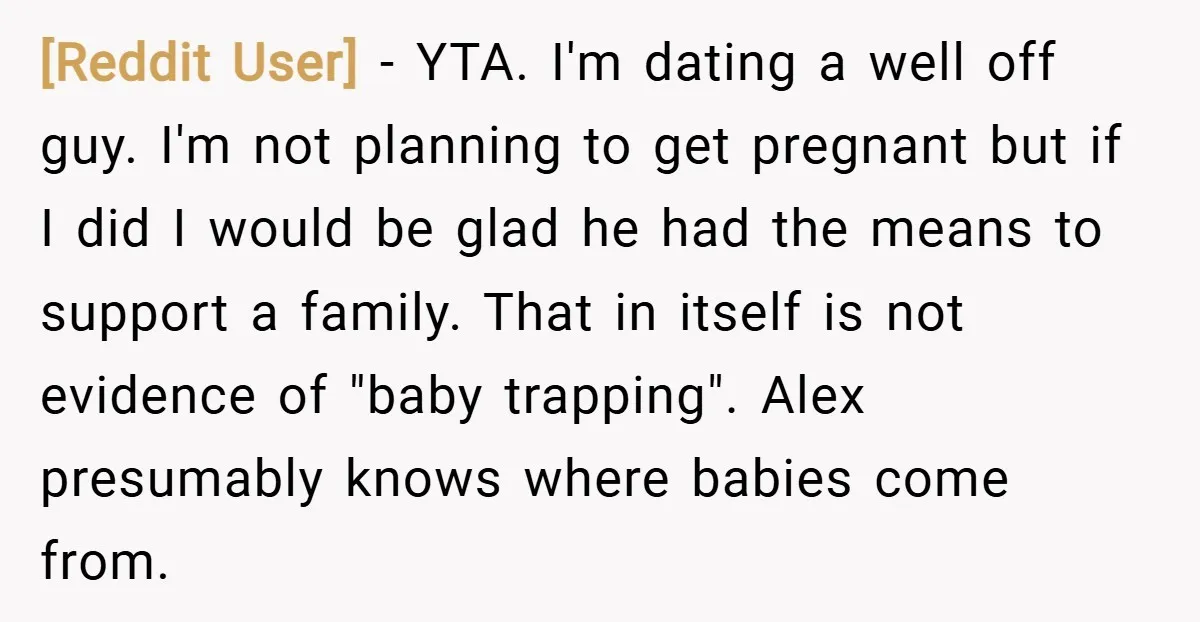 [Reddit User] − YTA. I'm dating a well off guy. I'm not planning to get pregnant but if I did I would be glad he had the means to support...