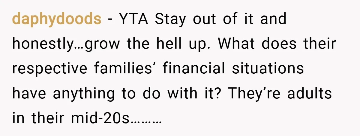 daphydoods − YTA Stay out of it and honestly…grow the hell up. What does their respective families’ financial situations have anything to do with it? They’re adults in their mid-20s………